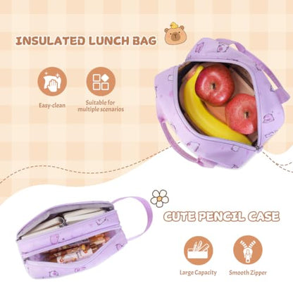 Capybara Theme Rolling Backpack with Lunch Bag & Pencil Case, Kids Rolling Backpack for Girls, Wheeled School Bookbag with Telescoping Handle for Kindergarten Elementary Middle High School - color: Purple