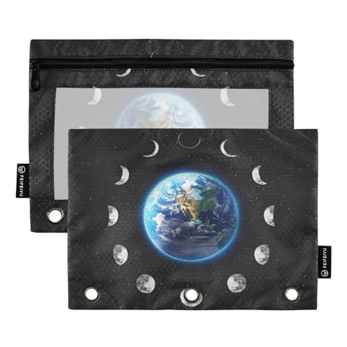 ZAZYXTJ Moon Phase Binder Pencil Pouchs 3 Ring with Zipper Clear Window | Office Organizers bag for School Students Teacher Supplies 2 Pack - color: Moon