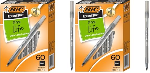 BIC Round Stic Xtra Life Ballpoint Pens, Medium Point (1.0mm), Black, 60-Count Pack, Flexible Round Barrel For Writing Comfort (GSM609-BLK) 60 Count (Pack of 2) - color: Black, size: 60 Count (Pack of 2)