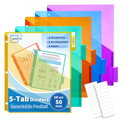 Binditek 5-Tab Binder Dividers with One Front Pocket, Fits Standard 3-Ring Binder, Large Pocket, Insertable Tabs for Quick Organization, Multicolor, 10 Sets (50 Pack) - size: 10 Set