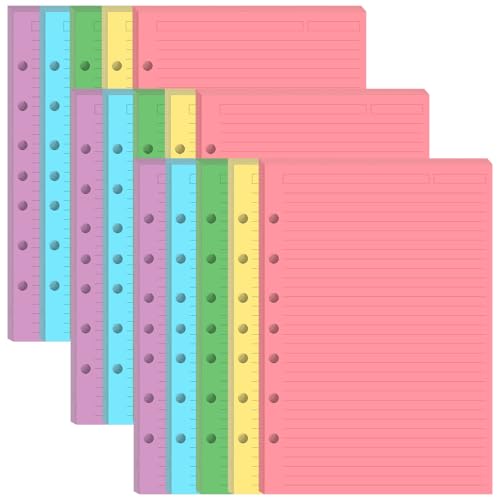 (3-Pack) Mini Binder 5 Colorful Line Paper for 3 or 7 Ring Binders - 300 Sheets/600 Pages Loose Leaf Paper Line Refills, Per Color 60 Sheets, Desk Size 4, 5.8" x 8.5" - size: 300 Sheets, style: 7-Hole