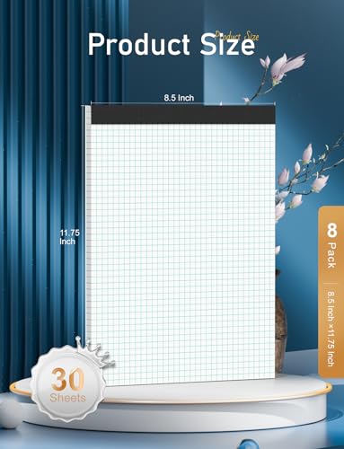 Zaviko Graph Paper Pads 8.5 x 11, 8 Pack, 4x4 Quad Grid Paper Pad 8-1/2" x 11", White Quadrille Pad, Easy Tears Off Design, Grid Notebook 8-1/2 x 11, White 70 GSM Graft Paper, 30 Sheets/Pad - size: 8.5 x 11.75 Inch, style: White-Squared-8 Pack(30 Sheets)