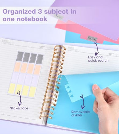 JASLEKO 3 Subject Notebook College Ruled with Dividers Tabs, 100 GSM Leather Hardcover Spiral Notebooks for School Work, 240 Pages Large Cute Notebook Journal for Women Men, College Students,Purple - color: Purple