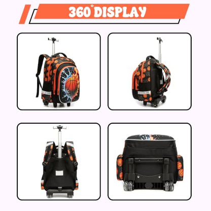 Meetbelify Rolling Backpack for Boys Basketball Backpack with Wheels Kids Roller Suitcase Travel Luggage for Elementary Student Ages 6-8 - color: Basketball