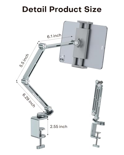 OMOTON GH03 Tablet Holder with 2 ABS Clamps, Aluminum Long Arm Mount, Grey | C-Clamp Base with 360°Rotation Fits Desk, Bed, Side Cabinet, Kitchen, Adjustable Tablet Stand for 4-13" iPad Pro/iPhone - color: Grey