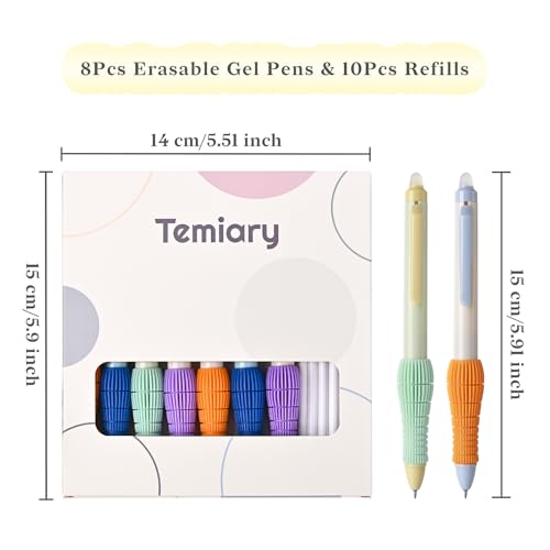 Temiary 8 Pcs Retractable Erasable Gel Pens & 10Pcs Extra Refills, Gel Ink Pen with Eraser, Fine Point 0.5mm Smooth Writing for Office School Supplies (Blue Ink)