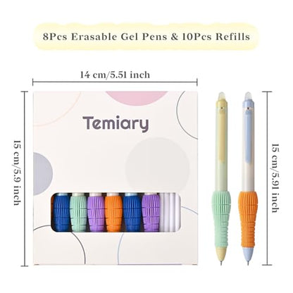 Temiary 8 Pcs Retractable Erasable Gel Pens & 10Pcs Extra Refills, Gel Ink Pen with Eraser, Fine Point 0.5mm Smooth Writing for Office School Supplies (Blue Ink)