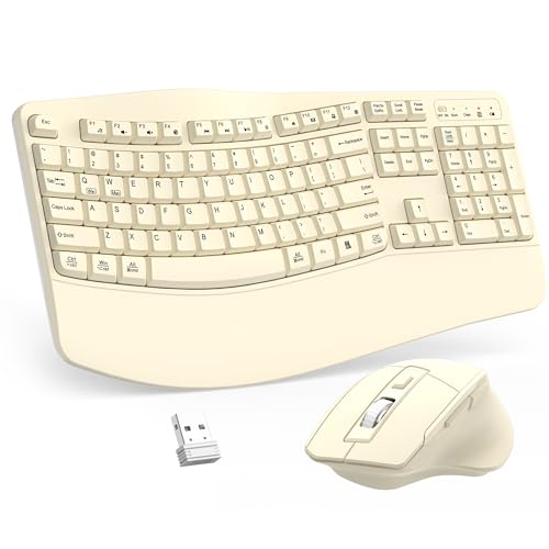 Wireless Keyboard and Mouse Combo, 2.4G Ergonomic Wave Keys (Latte) | Full Size Wave Keyboard with Wrist Rest, 3-Level DPI Adjustable Ergonomic Mouse for Windows and Mac OS Desktop/Laptop/PC - color: Latte