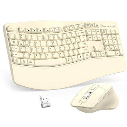 Wireless Keyboard and Mouse Combo, 2.4G Ergonomic Wave Keys (Latte) | Full Size Wave Keyboard with Wrist Rest, 3-Level DPI Adjustable Ergonomic Mouse for Windows and Mac OS Desktop/Laptop/PC - color: Latte