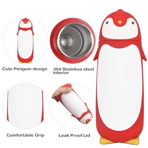 Penguin Insulated Water Bottle - Stainless Steel Vacuum Double Walled Bottle Flask Travel Mug for Kids, Students, 9.6oz, Red - color: Red
