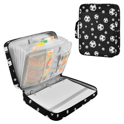 Heavy-Duty 3-Hole Ring System Binder Organizer Portfolio with 7-Pocket Expanding Section and Elastic Pen Loops Organizer for Corporate Boardrooms Black White Soccer Balls
