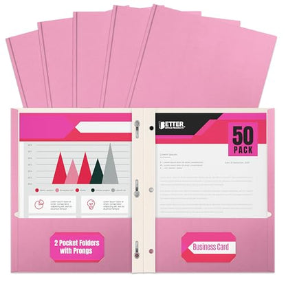 Better Office Products Pink Paper 2 Pocket Folders with Prongs, 50 Pack, Matte Texture, Letter Size Paper Folders, 50 Pack, with 3 Metal Prong Fastener Clips, Pink - color: Pink