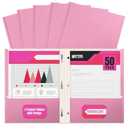 Better Office Products Pink Paper 2 Pocket Folders with Prongs, 50 Pack, Matte Texture, Letter Size Paper Folders, 50 Pack, with 3 Metal Prong Fastener Clips, Pink - color: Pink