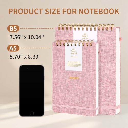 B5 Top Spiral Notebook, Fabric Hardcover Steno Pads | College Ruled Journal, Elastic Band & Pen Holder, 100GSM Paper, 192 Lined Pages for School, Travel, Daily Writing (Pink) - color: Pink, size: B5-Steno Pads-192pages