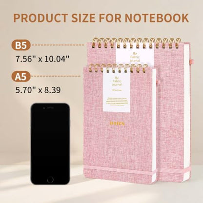 B5 Top Spiral Notebook, Fabric Hardcover Steno Pads | College Ruled Journal, Elastic Band & Pen Holder, 100GSM Paper, 192 Lined Pages for School, Travel, Daily Writing (Pink) - color: Pink, size: B5-Steno Pads-192pages