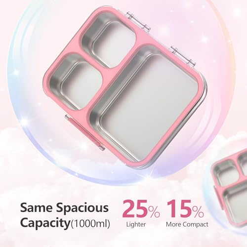 Stainless Steel Bento Lunch Box, 34oz/1000ml Leak Proof Metal Container, Lightweight 3mm Ultra-Narrow Bezel with Tritan Lid for Kids & Adults, 3-Compartment, BPA/BPS Free, Dishwasher Safe, Pink - color: Pink, size: 34oz/1000ml