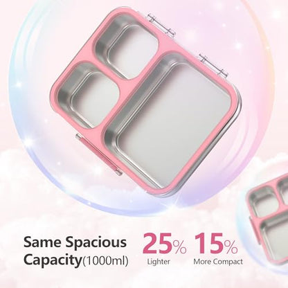 Stainless Steel Bento Lunch Box, 34oz/1000ml Leak Proof Metal Container, Lightweight 3mm Ultra-Narrow Bezel with Tritan Lid for Kids & Adults, 3-Compartment, BPA/BPS Free, Dishwasher Safe, Pink - color: Pink, size: 34oz/1000ml