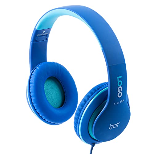 iJoy Premium Headphones with Microphone for Kids - Kid Safe Over-Ear Headphones with Hearing Protection for Boys & Girls - Kid’s Adjustable Headset with Mic for School, Music (Blue)
