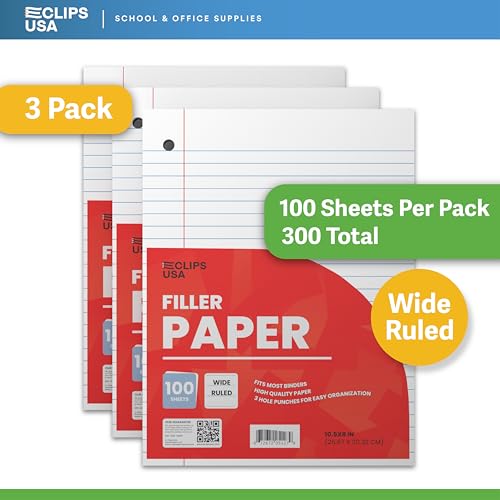 Wide Ruled Loose Leaf Paper Wide Ruled Notebook Paper Lined Writing Filler Paper 10.5” x 8” 56 gsm 300 Sheets 100 Sheet Per Pack (3 Pack) - size: 3 Pack