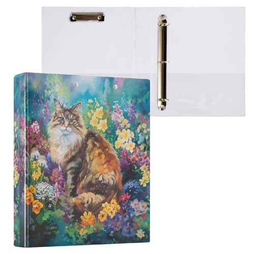 Fustylead Fantastic Cat in Colorful Spring Floral 3 Ring Binder, D-Rings 1.5" Hardcover Folder, Fits 200 Sheets of A4 Paper, Durable Clipboard & Clean View with Inside Pockets for School Home Office - size: 12.4x10.63x2.36 Inch-1 Pack