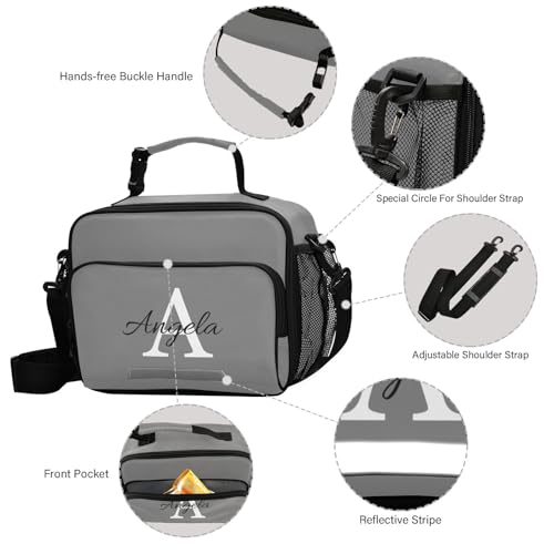 Custom Student Lunch Bag for Boys Girls Gray Solid Color Personalized Name Lunch Box Insulated Cooler Bag for School Picnic Office - color: Multi27