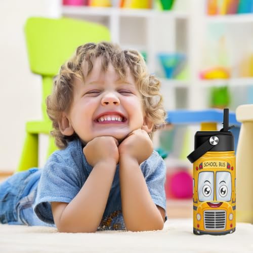 Kid Water Bottle 12oz with Straw Lid - 2-Pack Insulated Stainless Steel Water Bottles for Kids Boys- Travel Cup for Back to School Sports Christmas Birthday (Construction & School Bus) - color: Construction + School Bus