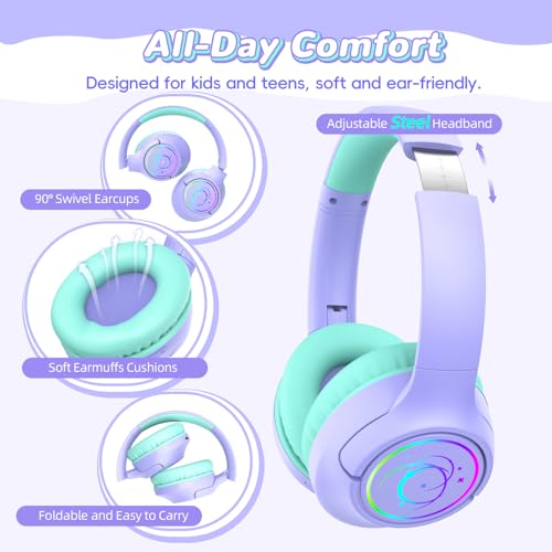 Kids Bluetooth Headphones, 85H Playtime Wireless Headphones for Kids, Colorful LED Lights, 85/94dB Safe Volume Limit, Bluetooth 5.4 Built-in Mic Toddler Headset for Tablet/Airplane (Purple) - color: Purple