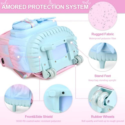 DIGOBAY Rolling Backpack for Girls, Cute Roller School Bag with Wheels, Kids Wheeled Backpacks Set with Lunch Bag Pencil Case for Teen Girls Kindergarten Elementary Middle School - color: Pink-blue