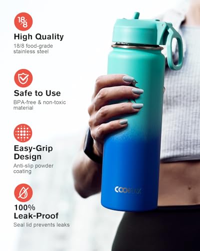 Coolflask 24 oz Insulated Water Bottle with Straw & 3 Leakproof Lids | Water Flask Stainless Steel Triple-Wall Vacuum, Cupholder Friendly, Cold 48+h, Dishwasher Safe, Non-BPA, for Gym & Hiking - color: Pacific Prince, size: 24 Ounces