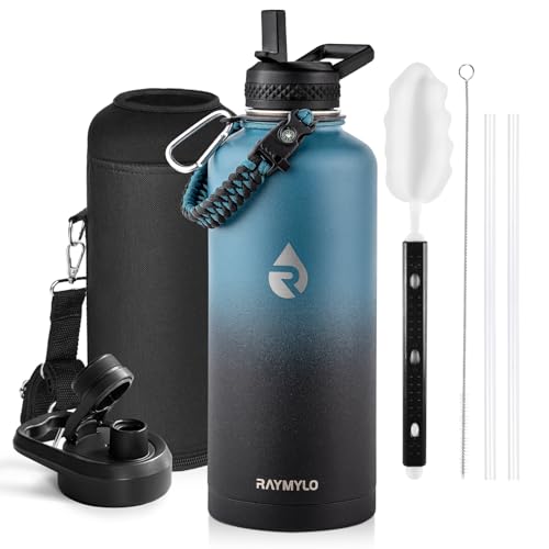 RAYMYLO Insulated Water Bottle 87 oz, Triple Wall Vacuum Stainless Steel (Cold for 48 Hrs), Leak Proof & Non-BPA, Modern Water Flask Jug with Paracord Handle & Straw Spout Lids, Indigo/Black - color: Indigo/Black, size: 87 Ounces