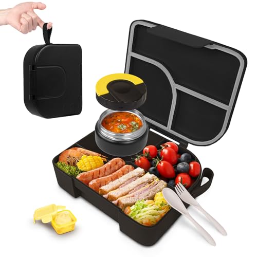 Lunch Box with Thermo Jar, Large-Capacity 3-Compartment Bento Box, Black | 10% More Capacity for Balanced Portions, Portable Handle for Easy Carry, Dishwasher Safe, Ideal for School & Travel - color: Black