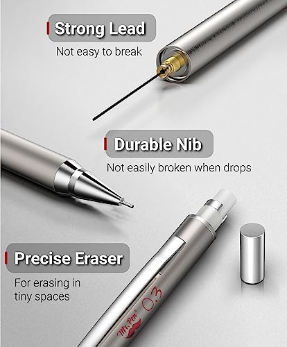 Mr. Pen- Metal Mechanical Pencil Set with Lead Refills & Erasers, 2 Pack | 0.3mm, 4x Tubes HB Lead Refill, 4x Eraser Refills for School Supplies, Note Taking, Drawing, Sketching, Office - style: 0.3mm