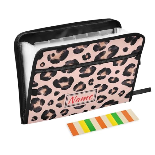 Watercolor Animal Snow Leopard Pink Beige Expanding File Folder, 13 Pockets Accordion File Organizer with Sticky Labels Zipper Portable A4 Document Organizer for Home Office School Supplies - color: A9