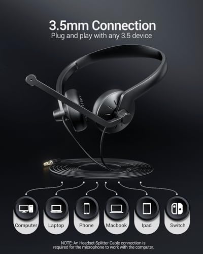 BINNUNE Wired Headphones with Microphone Headset - 3.5mm On-Ear Computer Headphones with Noise Cancelling Microphone for PC Laptop Home Office Online Class Skype Zoom Meetings Chat,Lightweight