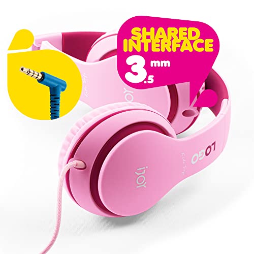 iJoy Premium Headphones with Microphone for Kids Kid Safe Over-Ear Headphones with Hearing Protection for Boys & Girls- Kid’s Adjustable Headset with Mic for School, Music- Blue (Pink)