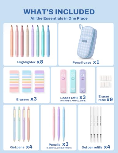 SUNEE 35PCS Aesthetic Stationery Set with Cute Pencil Case, Pastel Highlighters, Black Gel Pens, Mechanical Pencils & Refills, College School Supplies for Students Girls Blue Checkered - color: Blue Checkered, style: 35 Pack