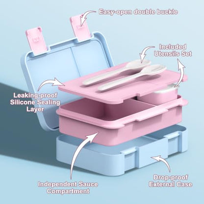 Bevalsa Backpack for Girls, Bow Kids Backpack with Bento Lunch Box, Insulated Bag & Utensils, 34oz Lunch Containers, Cute School Bookbag for Children Teens for Elementary Middle Student (Pink Blue) - color: Pink Blue