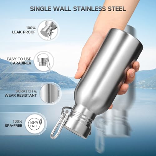Volhoply 20oz Uninsulated Single Walled Water Bottle, Stainless Steel Reusable Water Bottles with Handle & Carabiner, BPA Free 18/8 304 Sports Water Bottles for Camping Hiking(Silver,1) - color: Silver