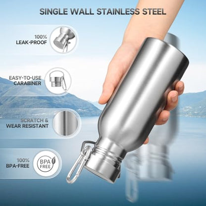 Volhoply 20oz Uninsulated Single Walled Water Bottle, Stainless Steel Reusable Water Bottles with Handle & Carabiner, BPA Free 18/8 304 Sports Water Bottles for Camping Hiking(Silver,1) - color: Silver