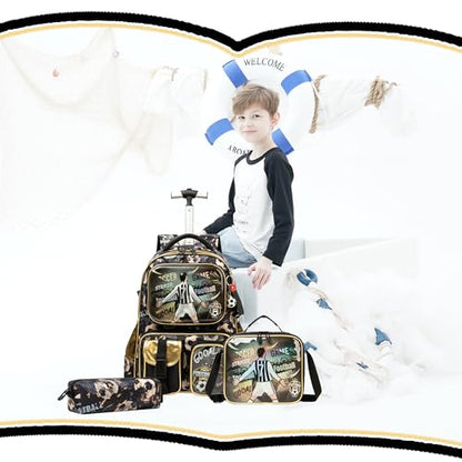 Meetbelify Kids Rolling Backpack with Wheels for Boys Rolling Backpacks with Lunch Box for Elementary School Students 3 in 1 Football Travel Luggage Suitcase for Boys Age 8-10 - color: Boy 03