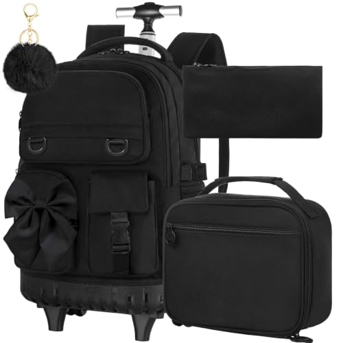 3Pcs Rolling Backpack for Girls Women, School Kids Roller Bookbag with Wheels, Wheeled Backpacks Set for Elementary (Black) - color: Bow Black