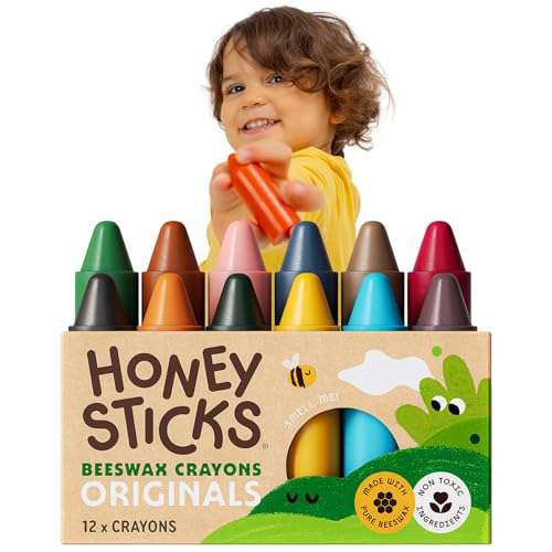 Honeysticks 100% Pure Beeswax Crayons (12 Pack) - Non Toxic Crayons for Toddlers 1-3, Safe for Baby from 1 Year Old Plus, Handmade with Natural Beeswax and Food-Grade Colors, Eco Friendly - color: Originals