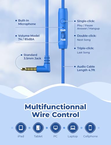 iClever Kids Headphones for School Travel, Safe Volume Limited, HD Mic Stereo Sound Over-Ear Girls Boys Headphones for Kid, FunShare Foldable 3.5mm Wired for iPad Computer, HS19 - color: Blue