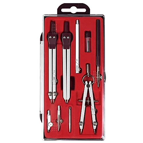 UNJOO 9Pc Geometry Set Metal Compass, Geometry Precision Tool (Red) | Circle Drawing Tool and Architecture, Drafting Kits for Engineer with Shatterproof Storage Box