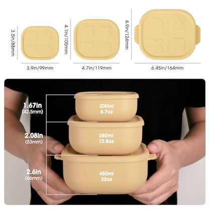 Silicone Bento Box ｜Food Grade & Leakproof Lunch Box Bento with Lids ｜3-Piece Space-Saving Nesting Kit Food Storage Containers Set (Yellow) - color: Yellow