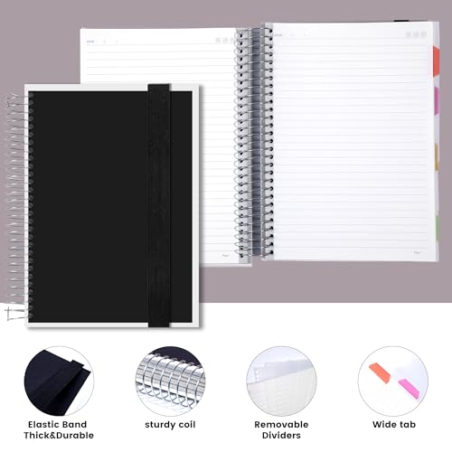 Yoment 5 Subject Notebook College Ruled, 300 Pages Spiral Notebook with Removable Divider Tabs，Hardcover 8 x 10 Inches College Ruled Journal 1 Inner Pocket for School College Work Office Home,Black - color: Black