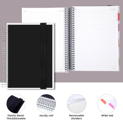 Yoment 5 Subject Notebook College Ruled, 300 Pages Spiral Notebook with Removable Divider Tabs，Hardcover 8 x 10 Inches College Ruled Journal 1 Inner Pocket for School College Work Office Home,Black - color: Black