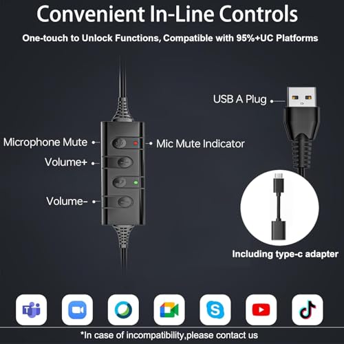 Arama Headset with Microphone for Pc, USB Headset with Mic, Computer Headphones with Noise Canceling Microphone for Laptop, Wired Headphones with Mute for Home Office Online Class Skype Zoom Meetings