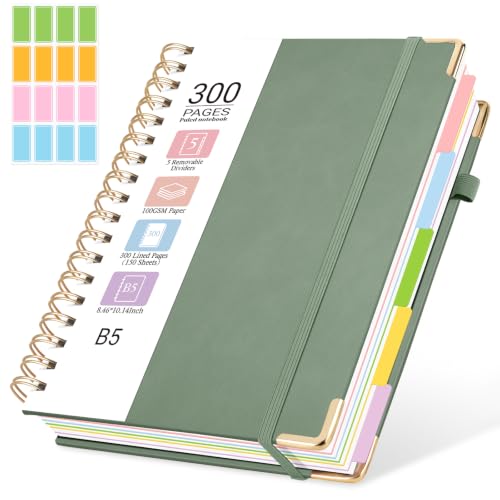 Hardcover Spiral Journal Notebook, 300 Pages 5 Subject Notebook College Ruled with Removable Dividers Tabs, 8" x 10" Notebooks for Work, Spiral Ruled Lined Writing Journal Hardcover Leather Notebook for School (Matcha Green, 8''x 10'') - color: Matcha Gre