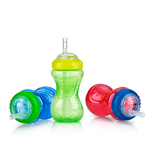 Nuby No-Spill Sippy Cup with Flex Straw for Boys - (3-Pack) 10-Ounce Bottles - Training Sippy Cups for Toddlers 12+ Months - color: Red, Blue, & Green